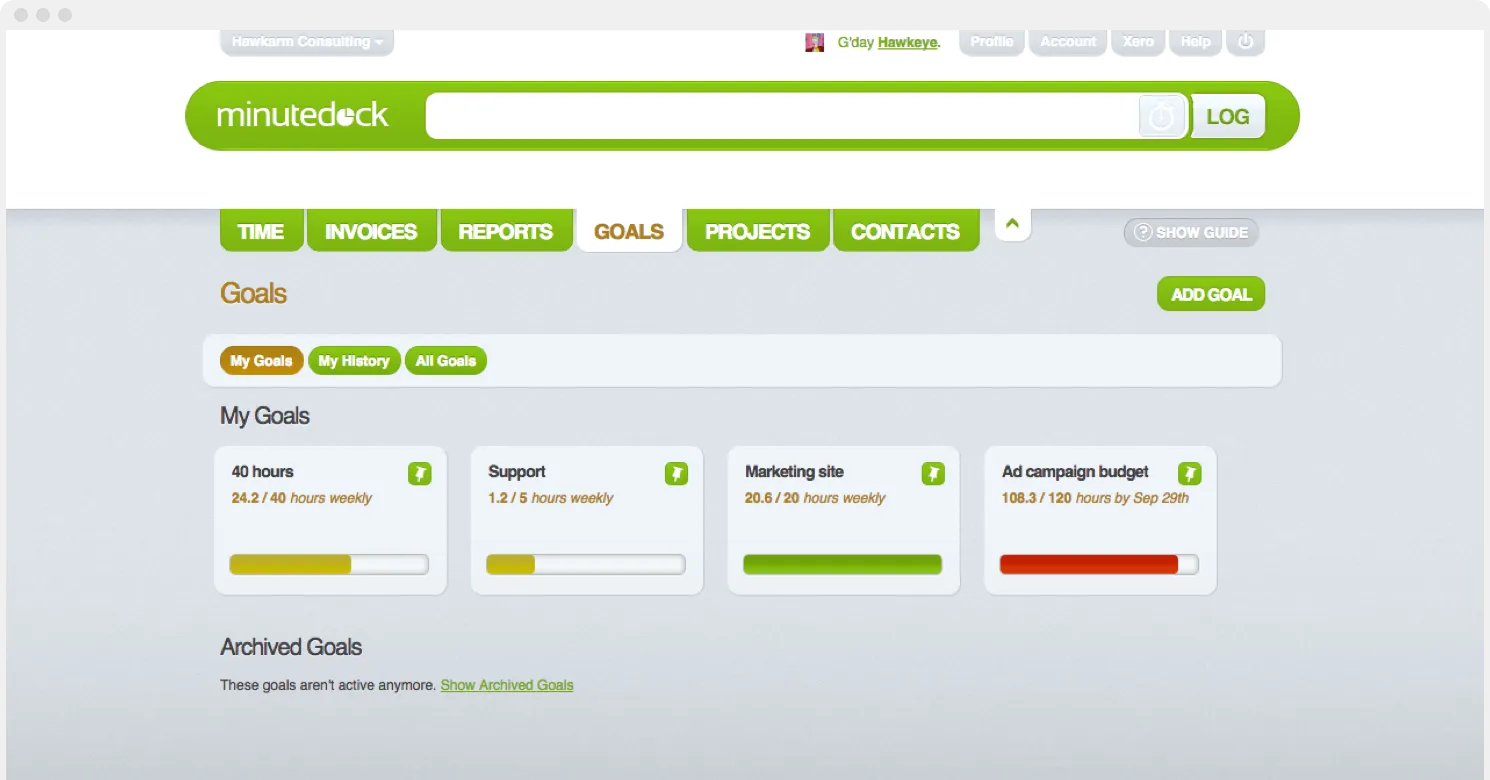 MinuteDock budgets interface