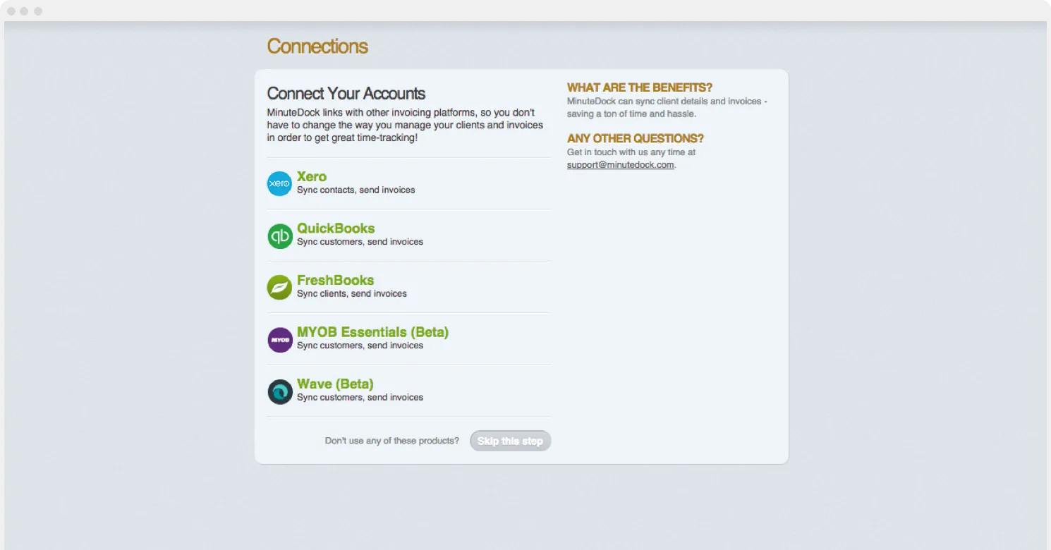 MinuteDock integrations interface